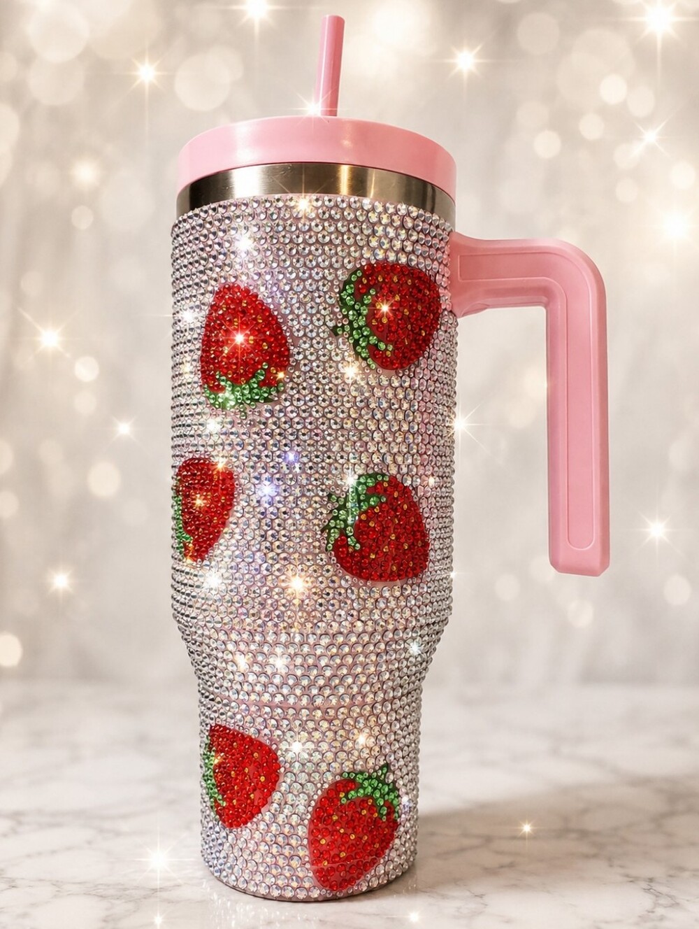 Pink Rhinestone Strawberry Bling  Hydra Peak 40 Oz Tumbler with Straw